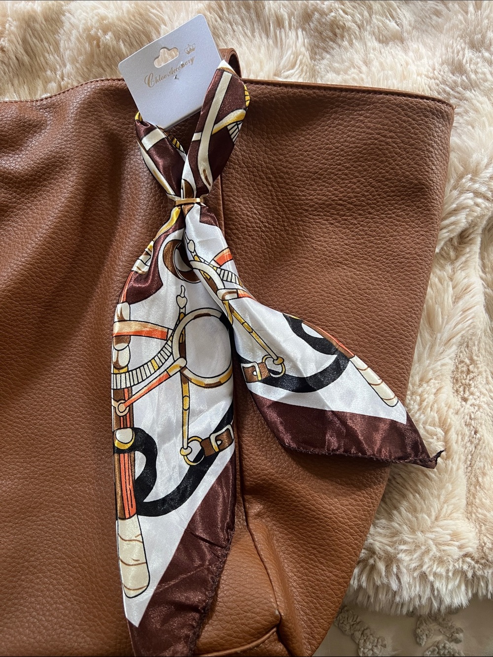 Chic Brown & White Patterned Silk Scarf Top Accent - Unbranded